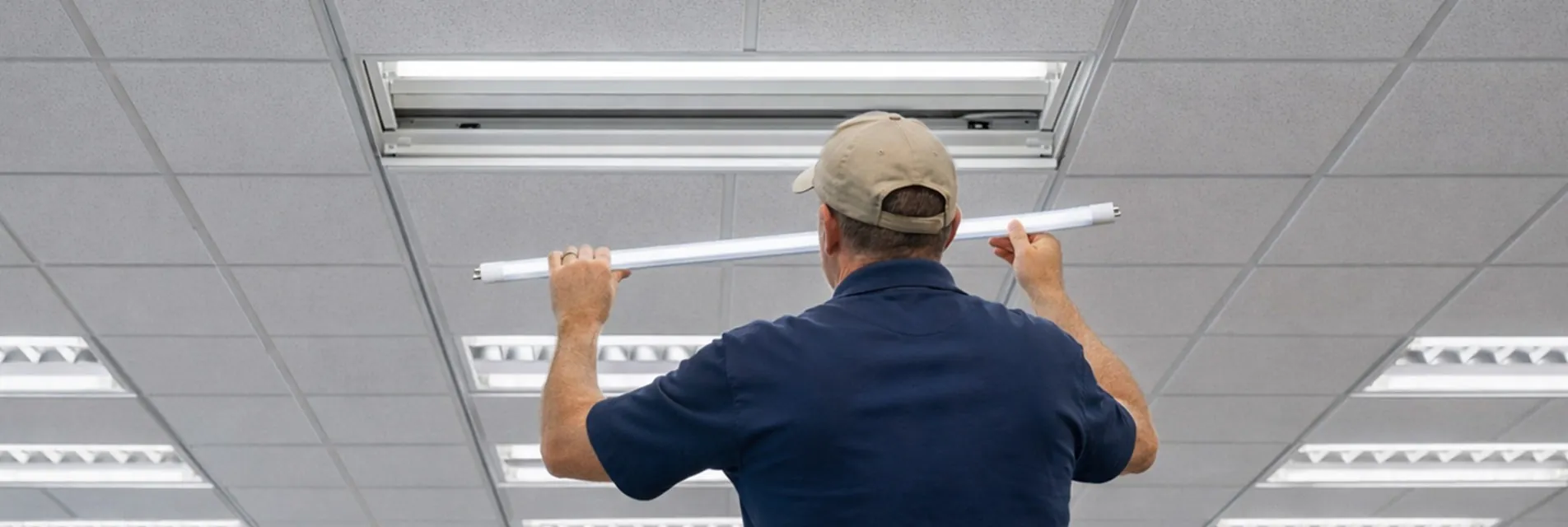 Installat&ouml;r som installerar ett Noxion T5 lysr&ouml;r i armatur 